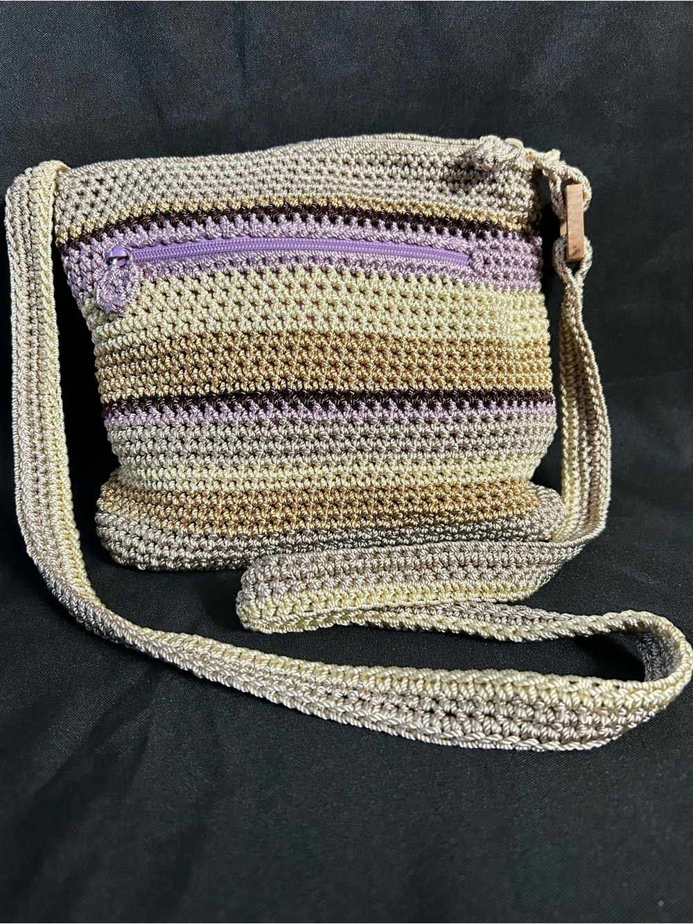 Liz Claiborne Women’s Crochet Crossbody Bag Purse Beige Brown & Lavender